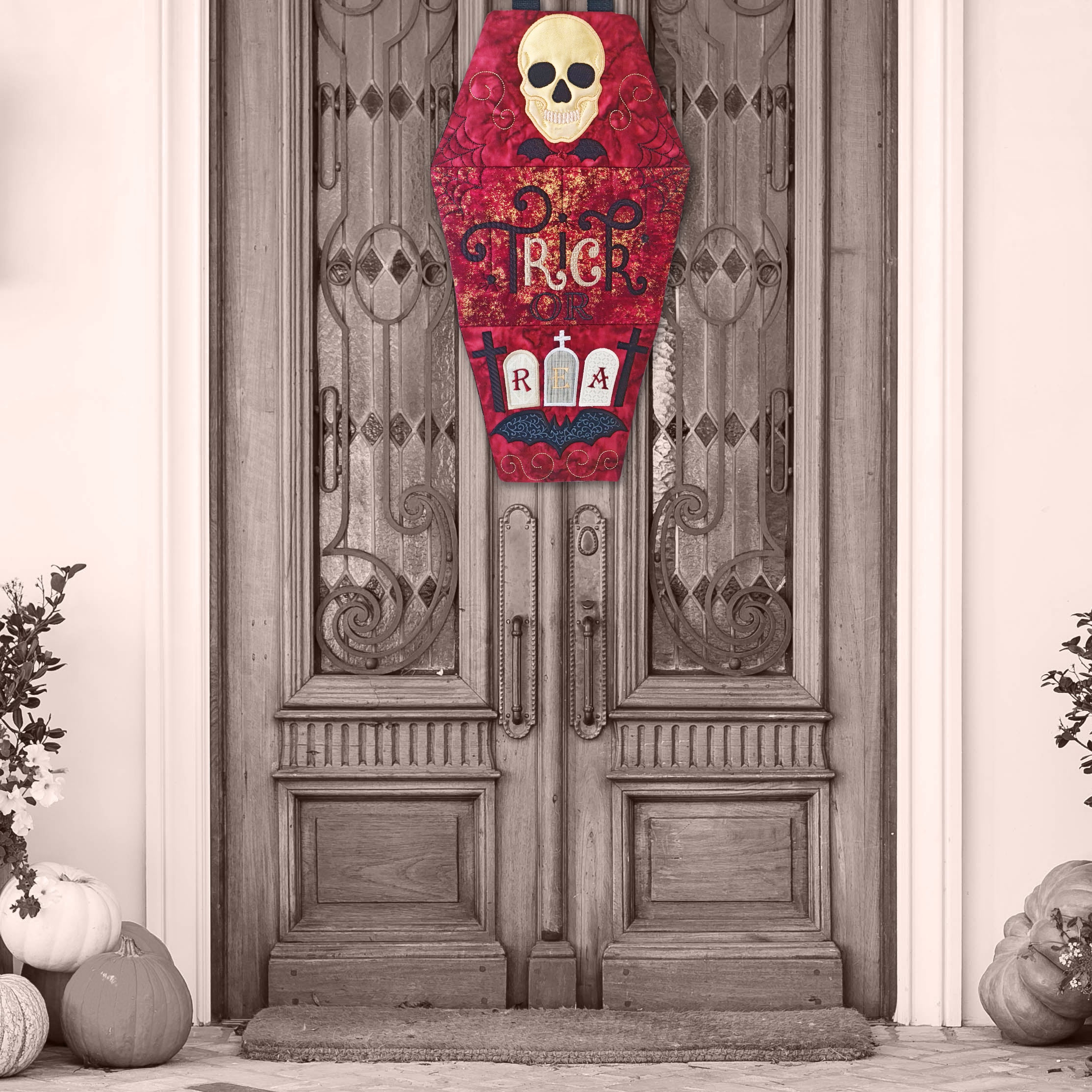 Trick or Treat Coffin Shaped Hanger/Runner 5x7 6x10 7x12 - Sweet Pea Australia In the hoop machine embroidery designs. in the hoop project, in the hoop embroidery designs, craft in the hoop project, diy in the hoop project, diy craft in the hoop project, in the hoop embroidery patterns, design in the hoop patterns, embroidery designs for in the hoop embroidery projects, best in the hoop machine embroidery designs perfect for all hoops and embroidery machines