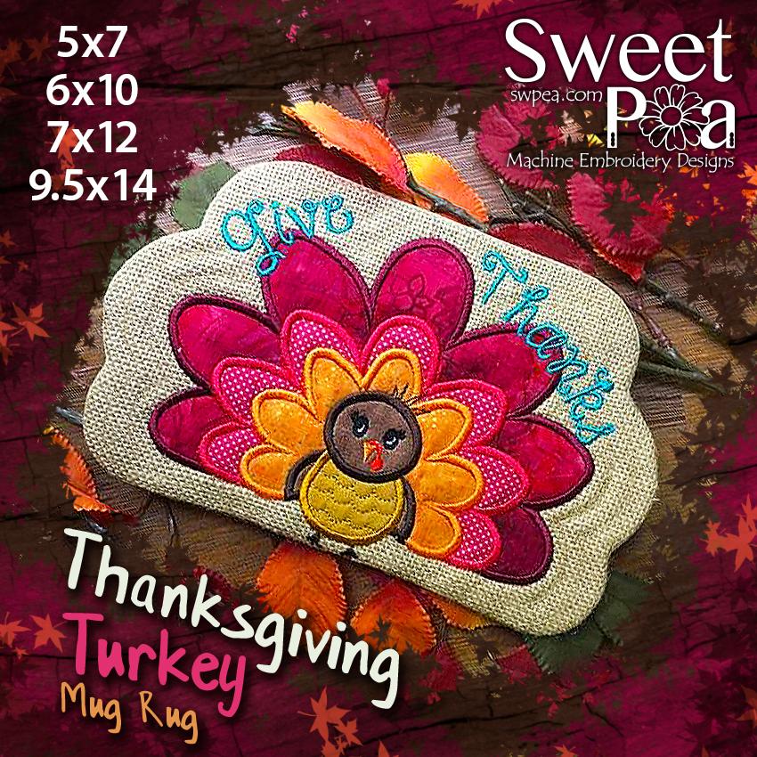 Thanksgiving Turkey Mug Rug 5x7 6x10 7x12 9.5x14 - Sweet Pea Australia In the hoop machine embroidery designs. in the hoop project, in the hoop embroidery designs, craft in the hoop project, diy in the hoop project, diy craft in the hoop project, in the hoop embroidery patterns, design in the hoop patterns, embroidery designs for in the hoop embroidery projects, best in the hoop machine embroidery designs perfect for all hoops and embroidery machines