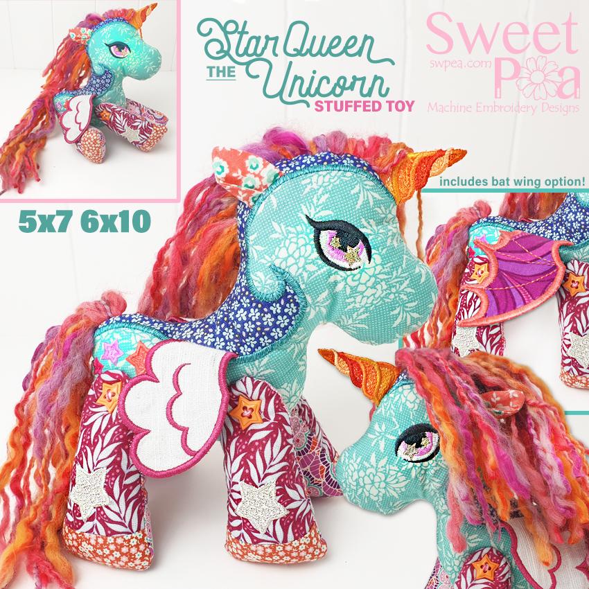 Star Queen the Unicorn Stuffed Toy 5x7 and 6x10 - Sweet Pea Australia In the hoop machine embroidery designs. in the hoop project, in the hoop embroidery designs, craft in the hoop project, diy in the hoop project, diy craft in the hoop project, in the hoop embroidery patterns, design in the hoop patterns, embroidery designs for in the hoop embroidery projects, best in the hoop machine embroidery designs perfect for all hoops and embroidery machines