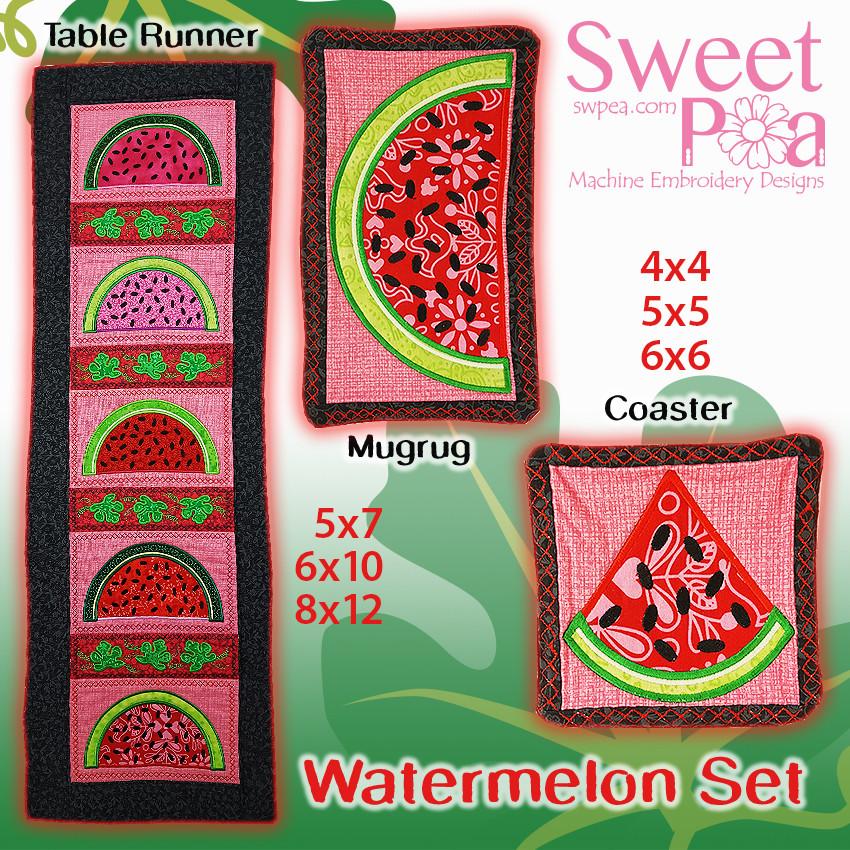 Watermelon table runner, mugrug, coaster set 4x4 5x7 6x10 8x12 in the hoop machine embroidery design - Sweet Pea Australia In the hoop machine embroidery designs. in the hoop project, in the hoop embroidery designs, craft in the hoop project, diy in the hoop project, diy craft in the hoop project, in the hoop embroidery patterns, design in the hoop patterns, embroidery designs for in the hoop embroidery projects, best in the hoop machine embroidery designs perfect for all hoops and embroidery machines
