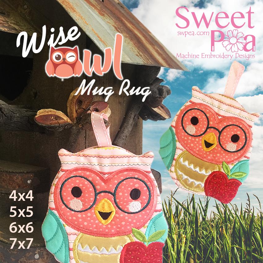 Charity Wise owl mugrug 4x4 5x5 6x6 7x7 - Sweet Pea Australia In the hoop machine embroidery designs. in the hoop project, in the hoop embroidery designs, craft in the hoop project, diy in the hoop project, diy craft in the hoop project, in the hoop embroidery patterns, design in the hoop patterns, embroidery designs for in the hoop embroidery projects, best in the hoop machine embroidery designs perfect for all hoops and embroidery machines