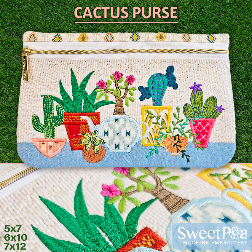 カクタスパーチ　手作り　ハンドメイド Cute Cactus Purse ITH Design