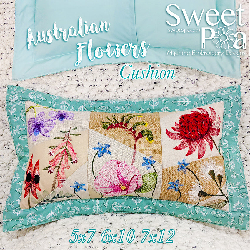 Australian Flowers Cushion- machine embroidery , in the hoop design