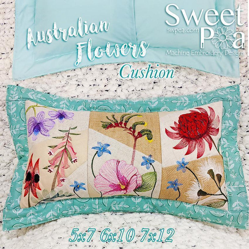 Australian Flowers Cushion- machine embroidery , in the hoop design Machine Embroidery blog  sweet-pea-machine-embroidery-designs