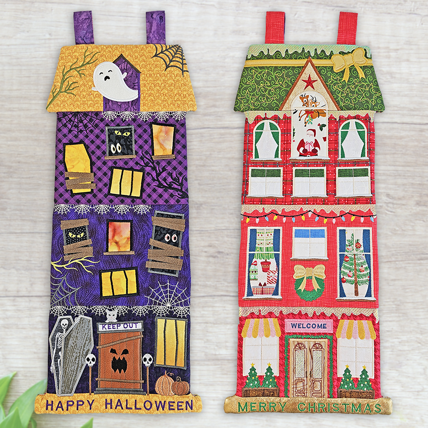 Reversible Halloween Christmas House Hanger machine embroidery