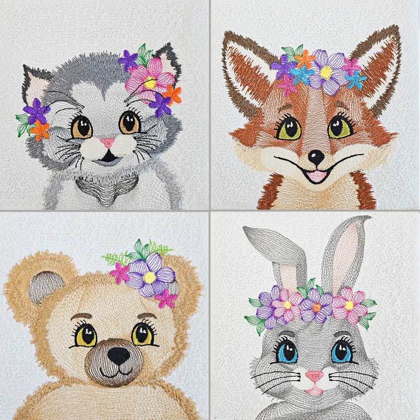 Cute Embroidered Animals with Flowers Set