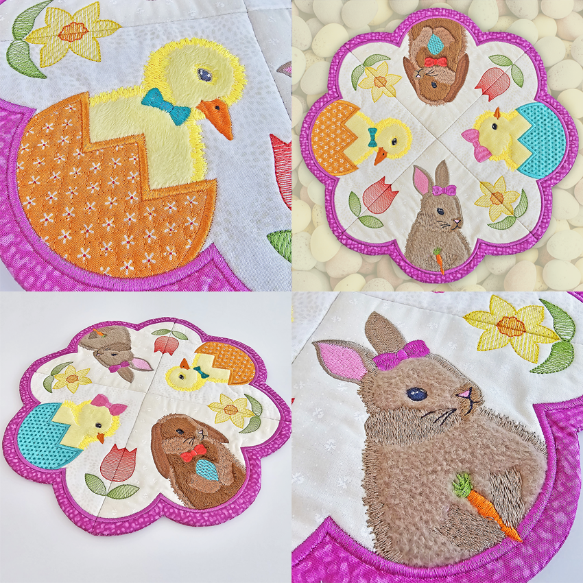 Easter animals, table centre, centrepiece, in the hoop, machine embroidery, rabbits, chicks, eggs