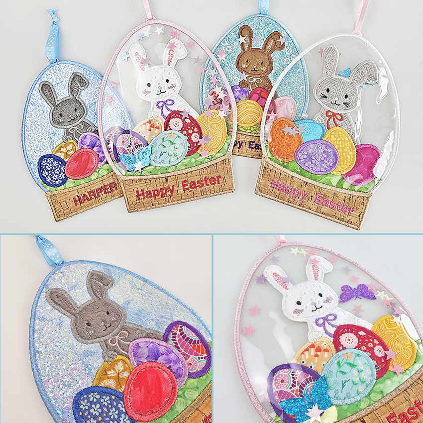 easter egg globe, decoration, fabric, pvc, in the hoop, machine embroidery, bunny, eggs, snow, happy easter