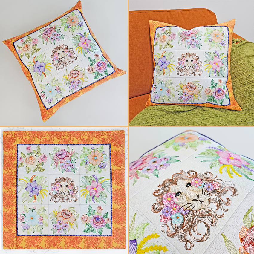 Embroidered Flowers and Lion Cushion Set 5x5 6x6 7x7 8x8