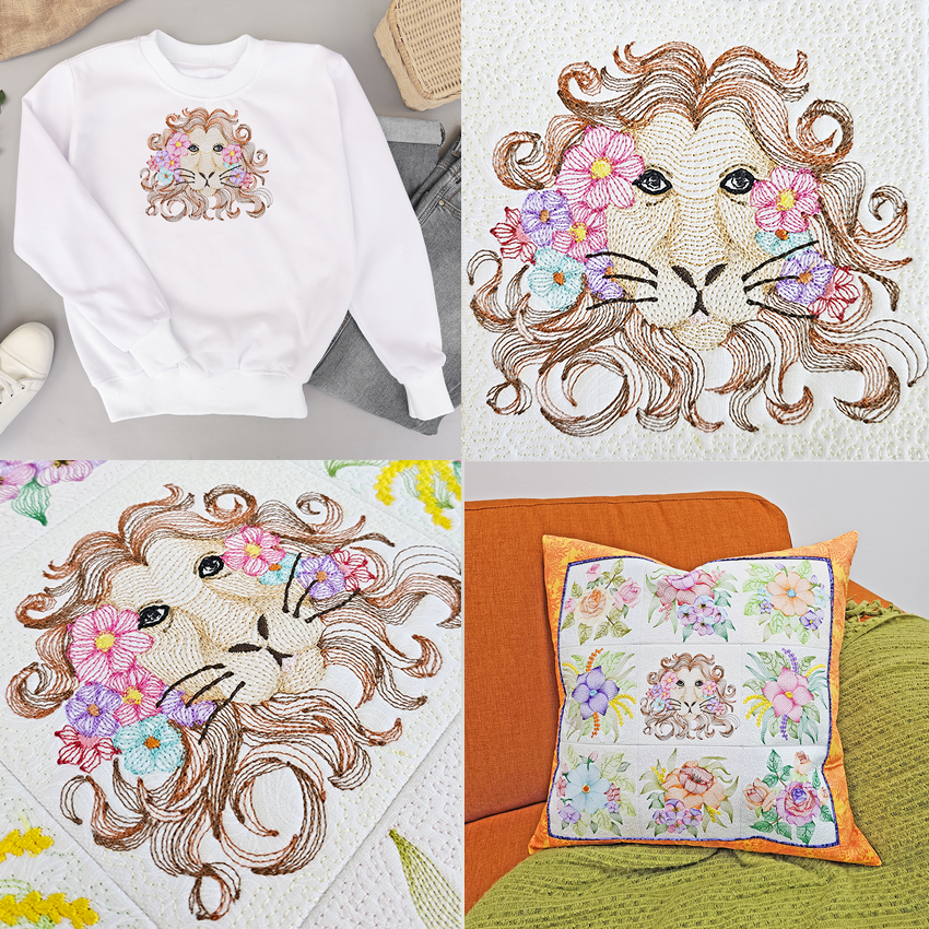 Embroidered Lion with Flowers 5x5 6x6 7x7 8x8