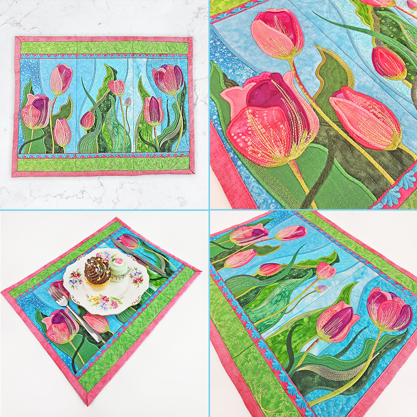 tulip fields placemat, placemat, flowers, spring flowers, dining, beautiful, pink, flowers, in the hoop, machine embroidery