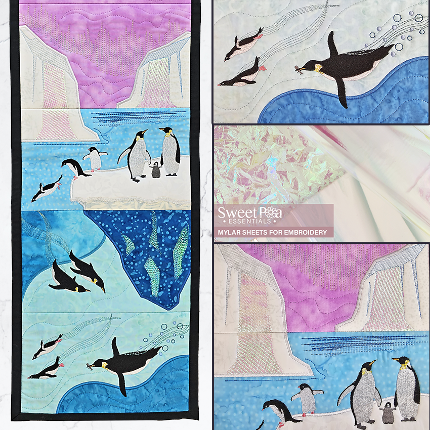 Penguin Scene Hanger machine embroidery design with sweet pea essentials used