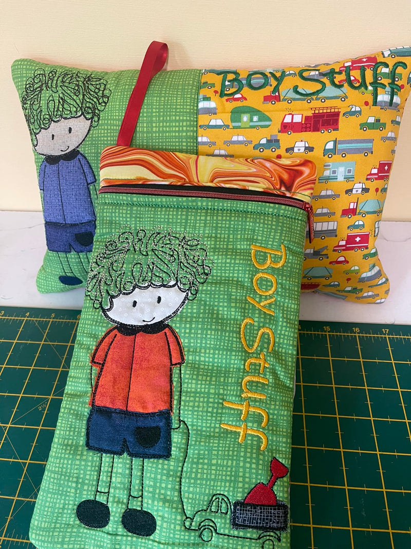 Boy Stuff Zipper Purse machine embroidery design ITH