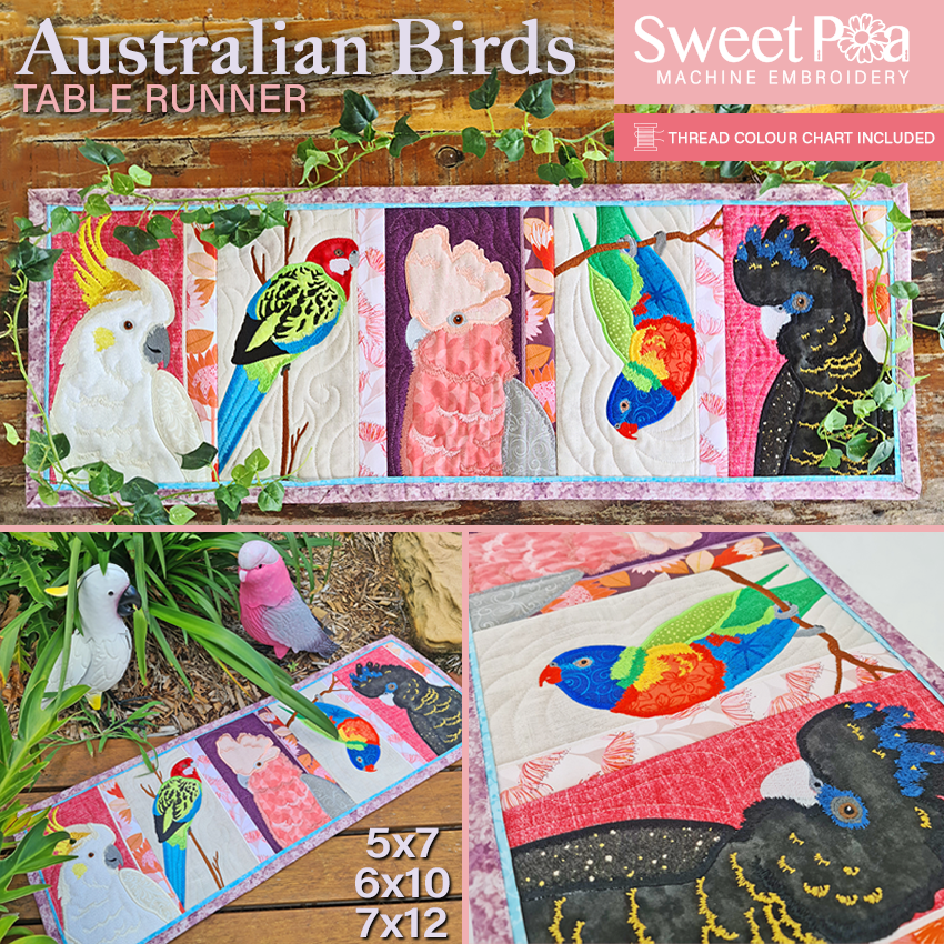 Australian Birds Table Runner In the hoop machine embroidery designs