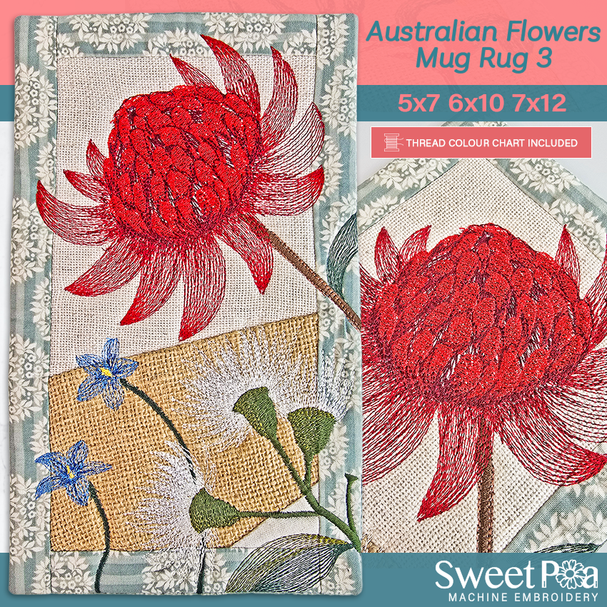 Australian Flowers Mug Rug # 3 In the hoop machine embroidery designs