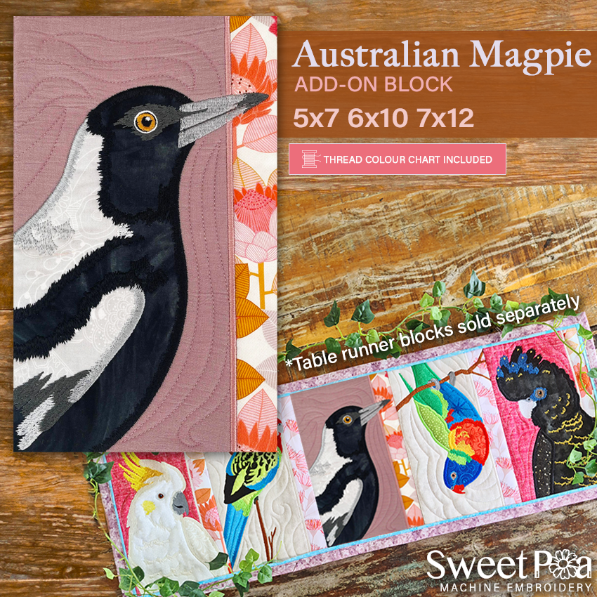 Australian Magpie Add-on Block In the hoop machine embroidery designs