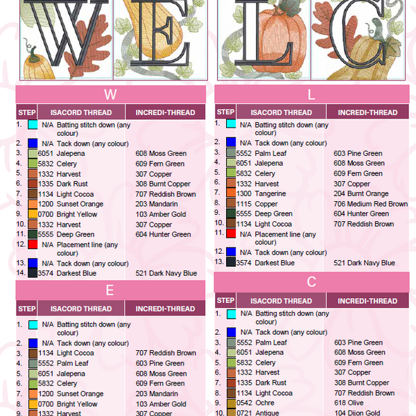 Autumn Welcome Hanger Colour Chart