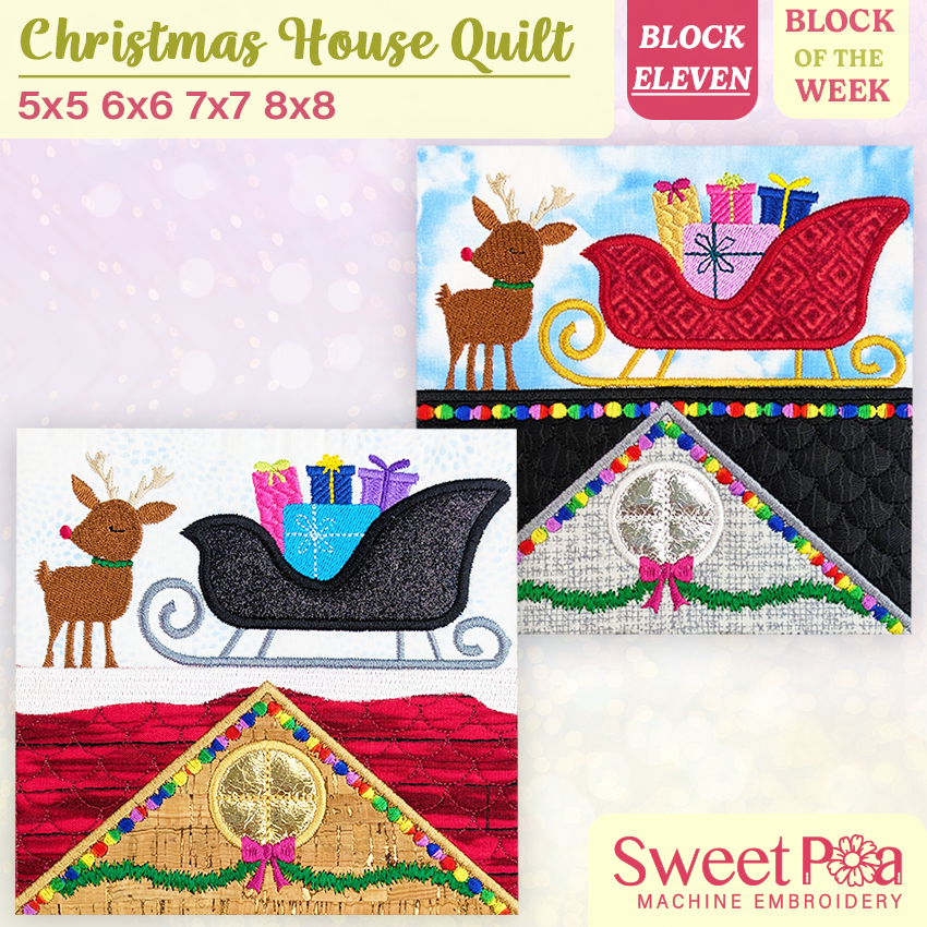 BOW Christmas House Quilt Block 11 5x5 6x6 7x7 8x8 In The Hoop design