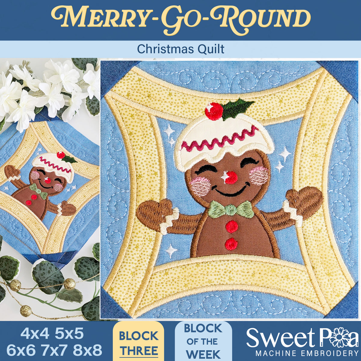 Merry-Go-Round Christmas Quilt - Block 3 In the hoop machine embroidery designs