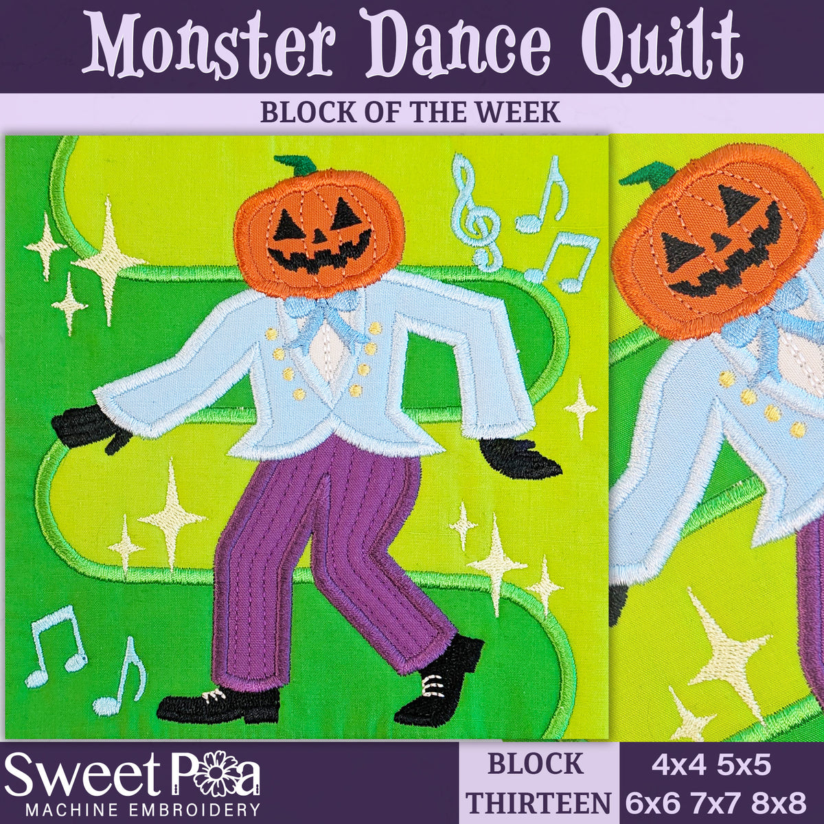 BOW Monster Dance Quilt - Block 13 In the hoop machine embroidery designs
