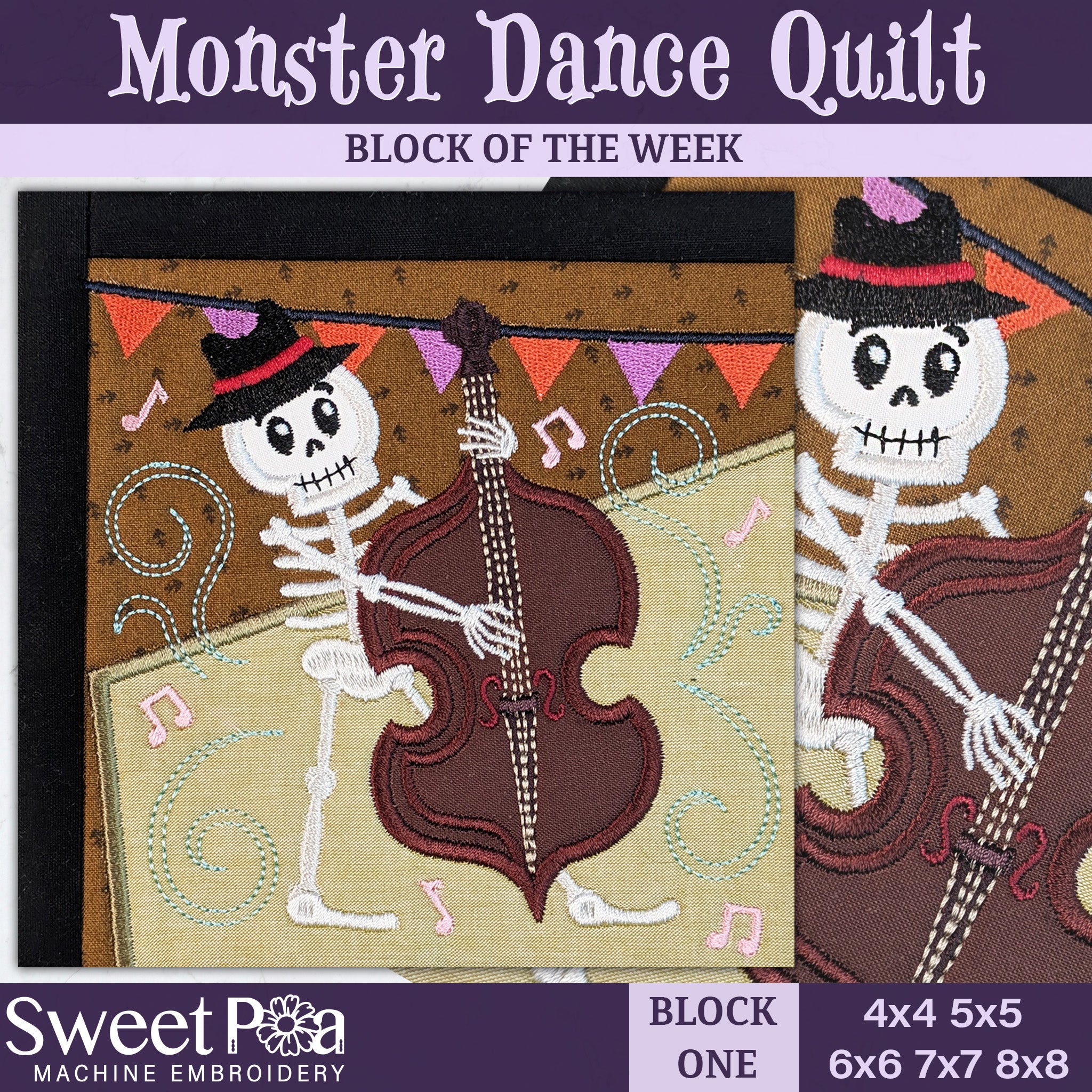 BOW Monster Dance Quilt - Block 1 In the hoop machine embroidery designs