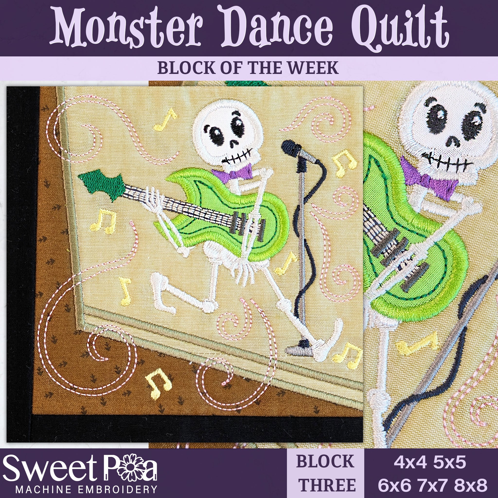 BOW Monster Dance Quilt - Block 3 In the hoop machine embroidery designs