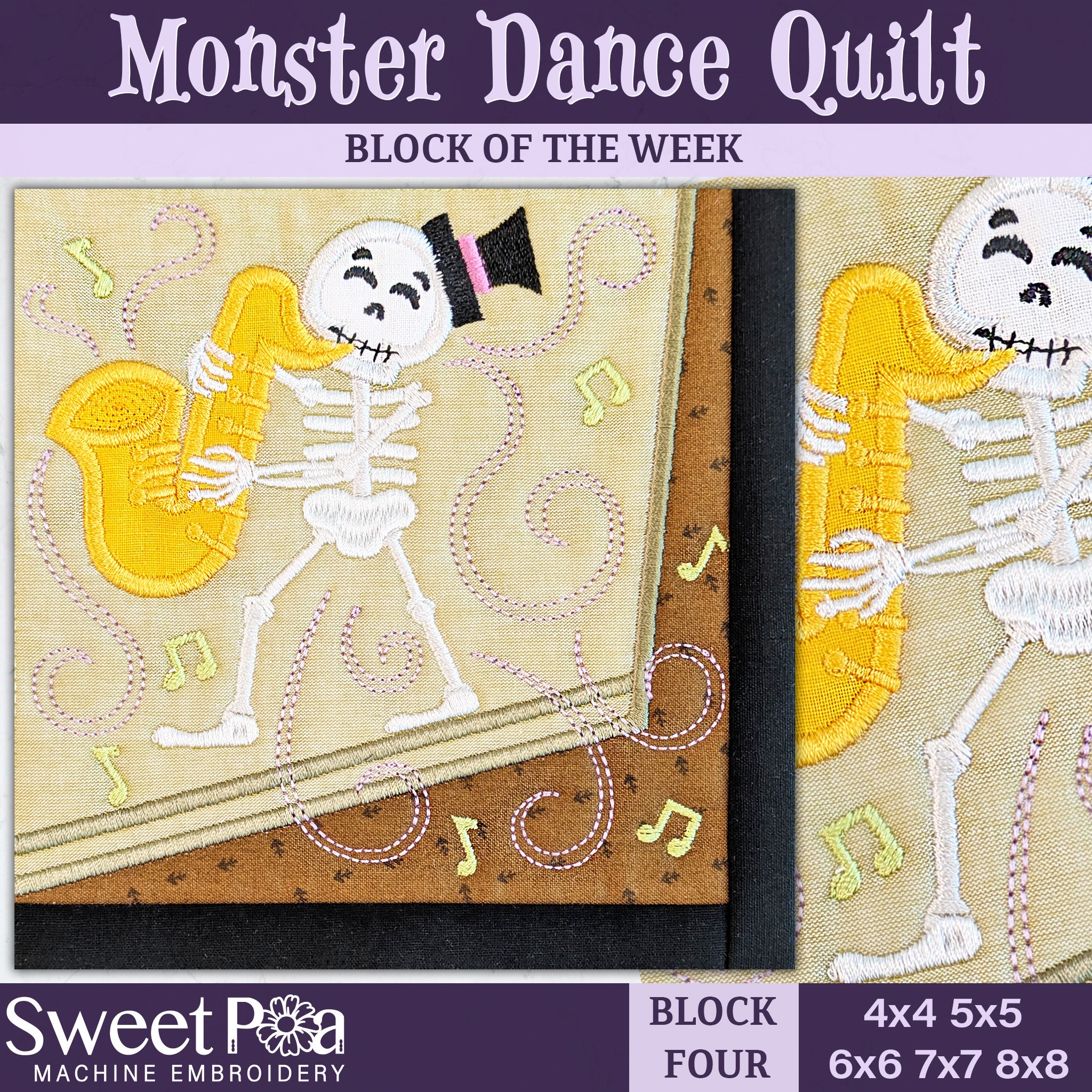 BOW Monster Dance Quilt - Block 4 In the hoop machine embroidery designs