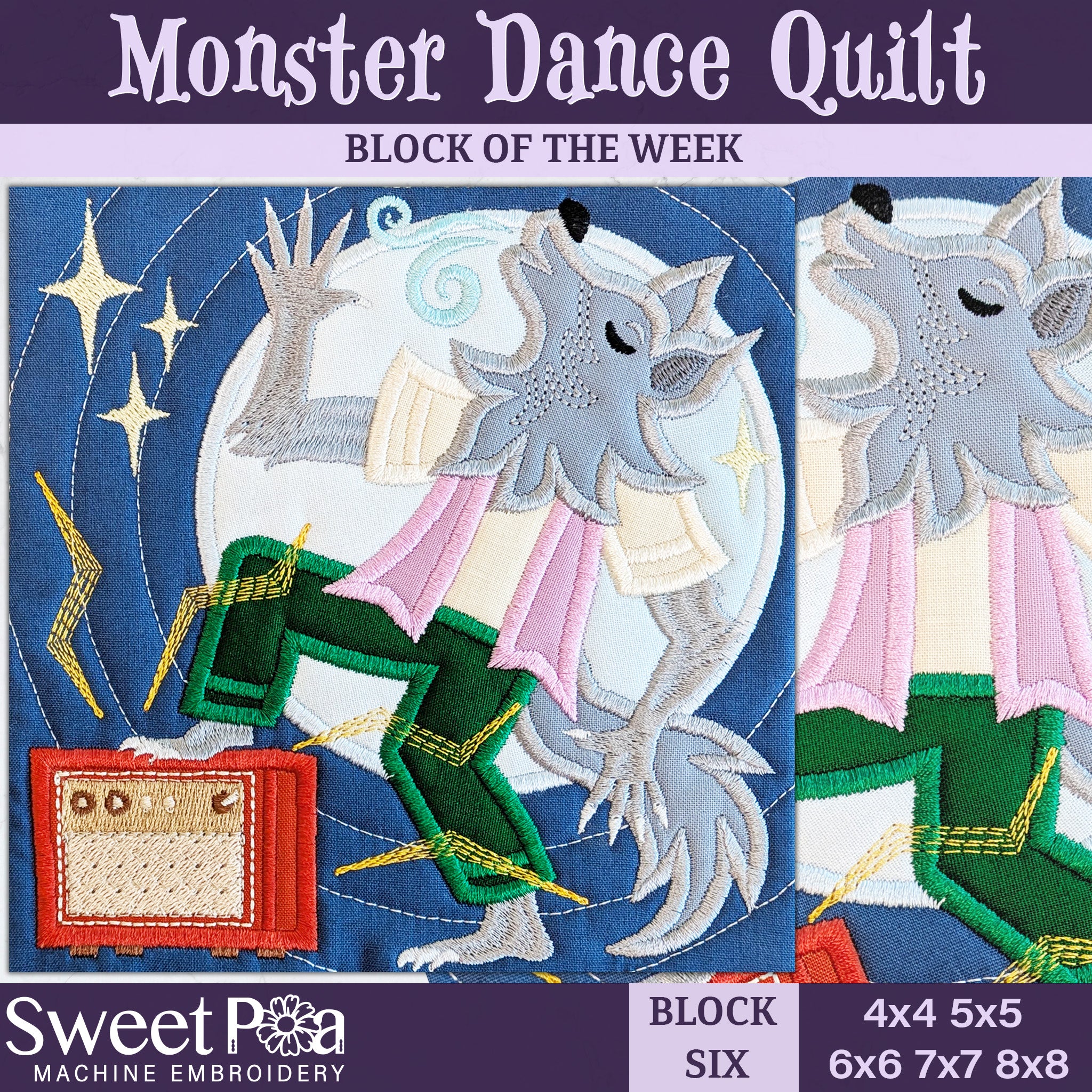BOW Monster Dance Quilt - Block 6 In the hoop machine embroidery designs