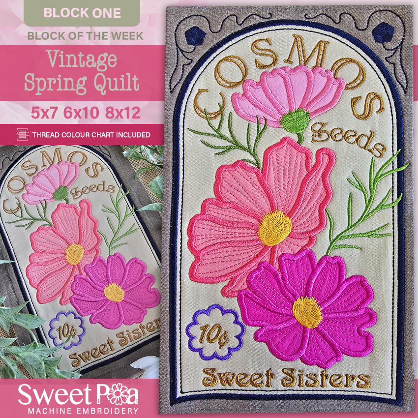 BOW Vintage Spring Quilt - Block 1 In the hoop machine embroidery designs