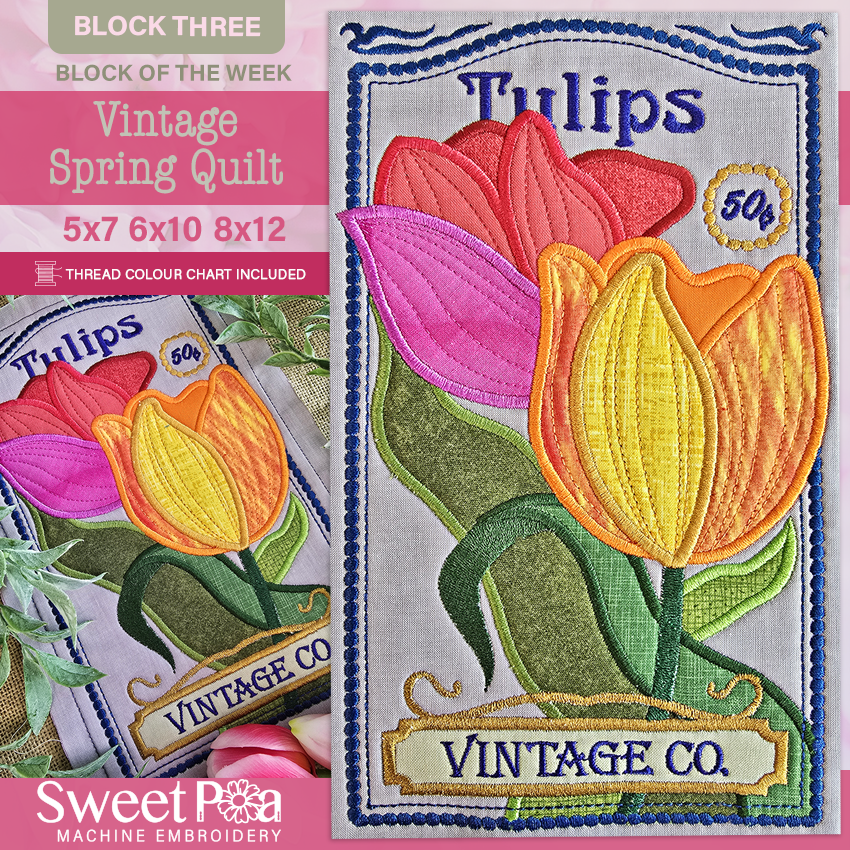 BOW Vintage Spring Quilt - Block 3 In the hoop machine embroidery designs