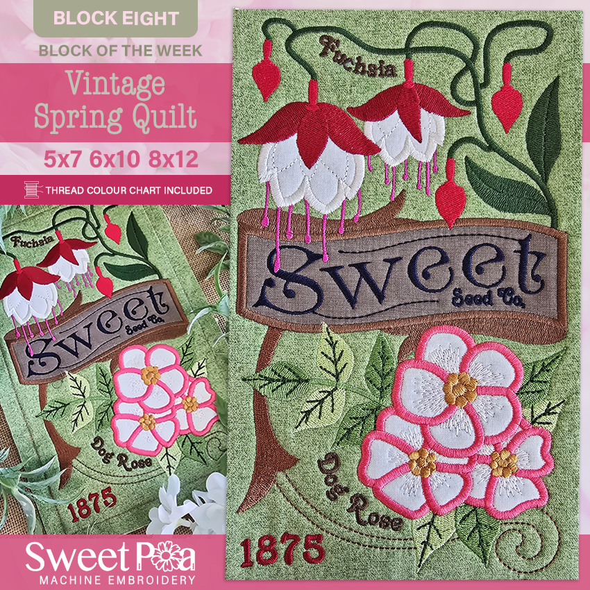 BOW Vintage Spring Quilt - Block 8 In the hoop machine embroidery designs