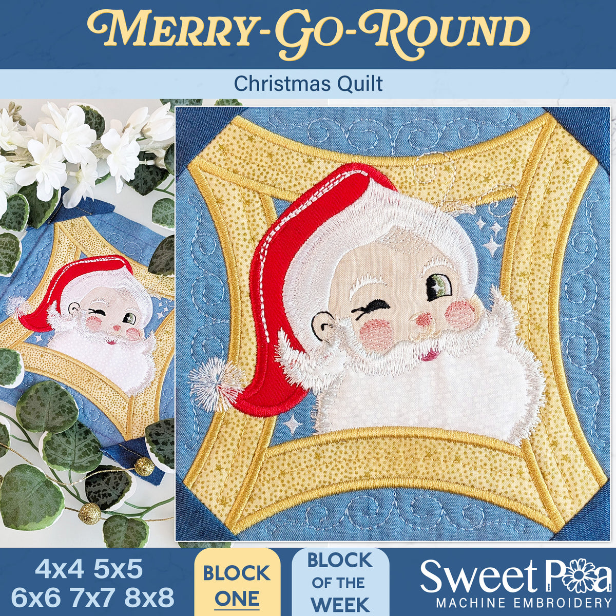 Merry-Go-Round Christmas BOW Quilt - Block 1 In the hoop machine embroidery designs