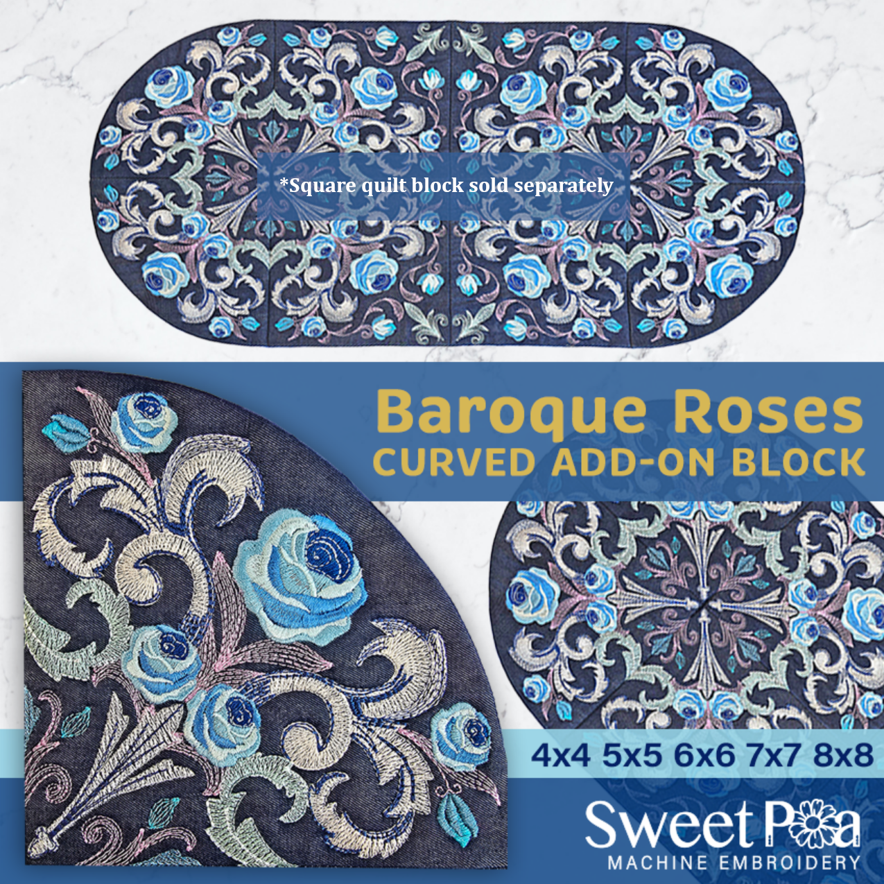 Baroque Roses Curved Add-on Block In the hoop machine embroidery designs