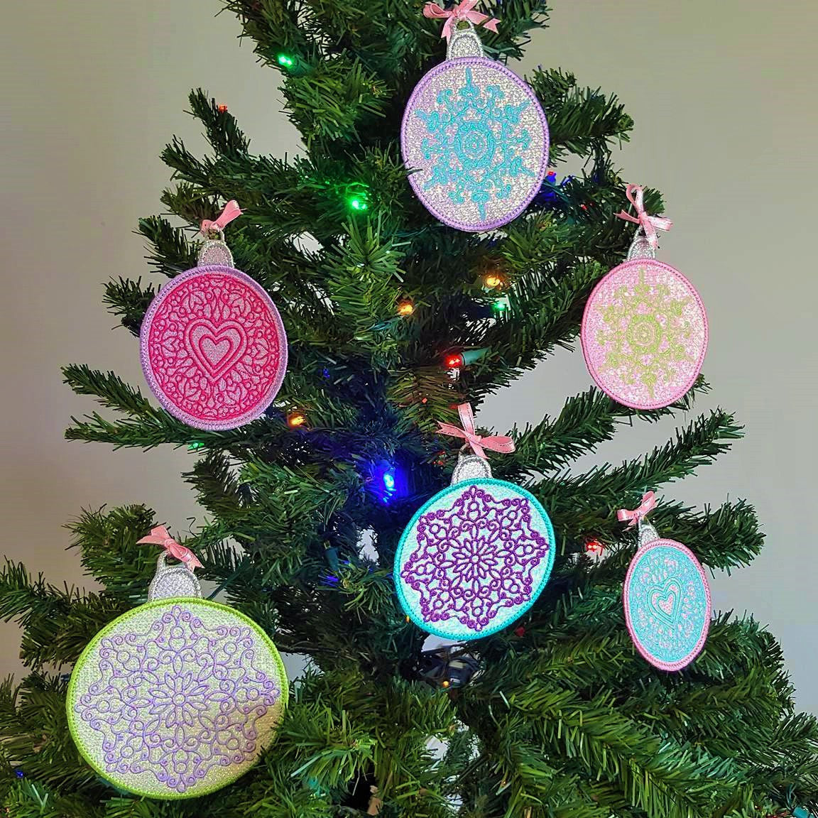Decorative Christmas tree with colorful ornaments made ith with mylar