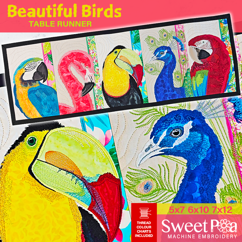 Beautiful Birds Table Runner In the hoop machine embroidery designs