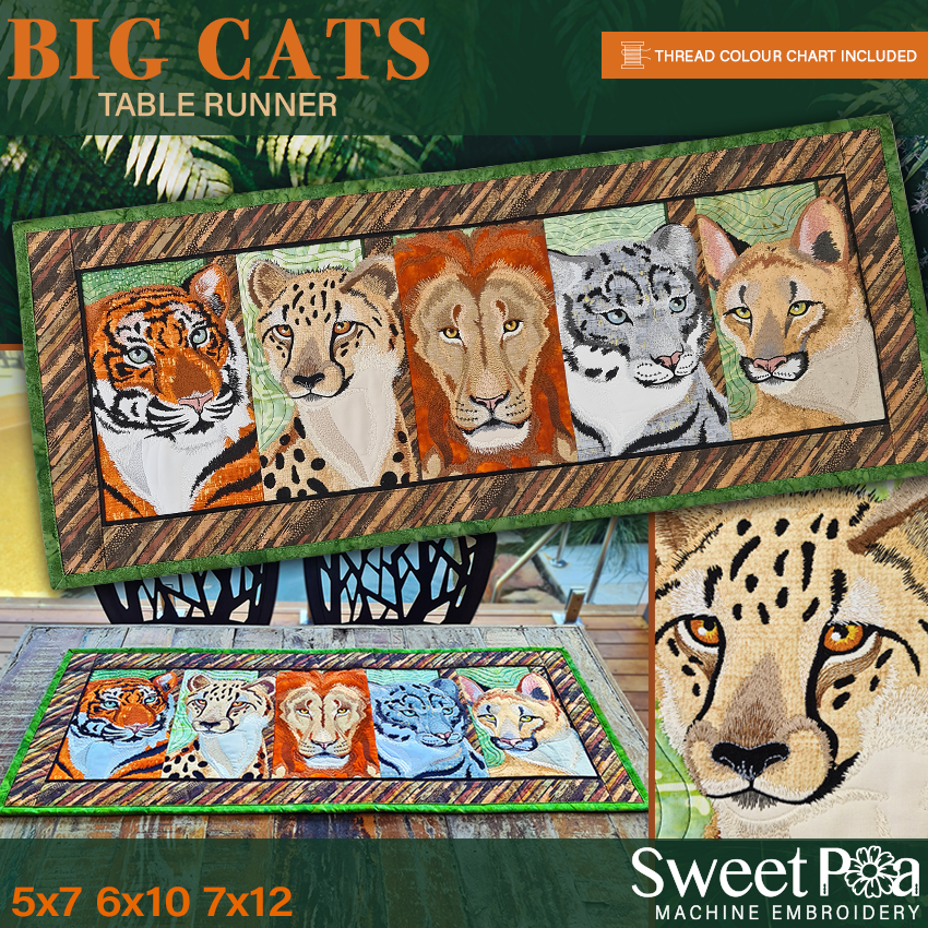 Big Cats Table Runner In the hoop machine embroidery designs