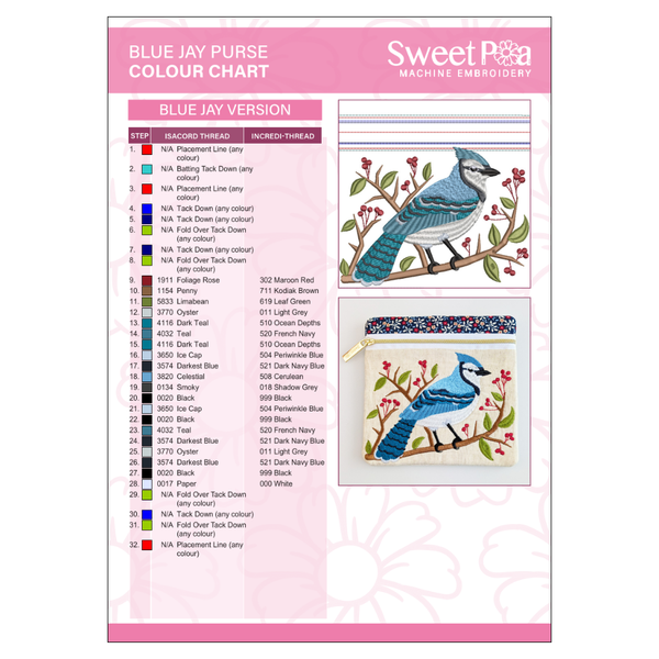Blue Jay Purse Colour Chart