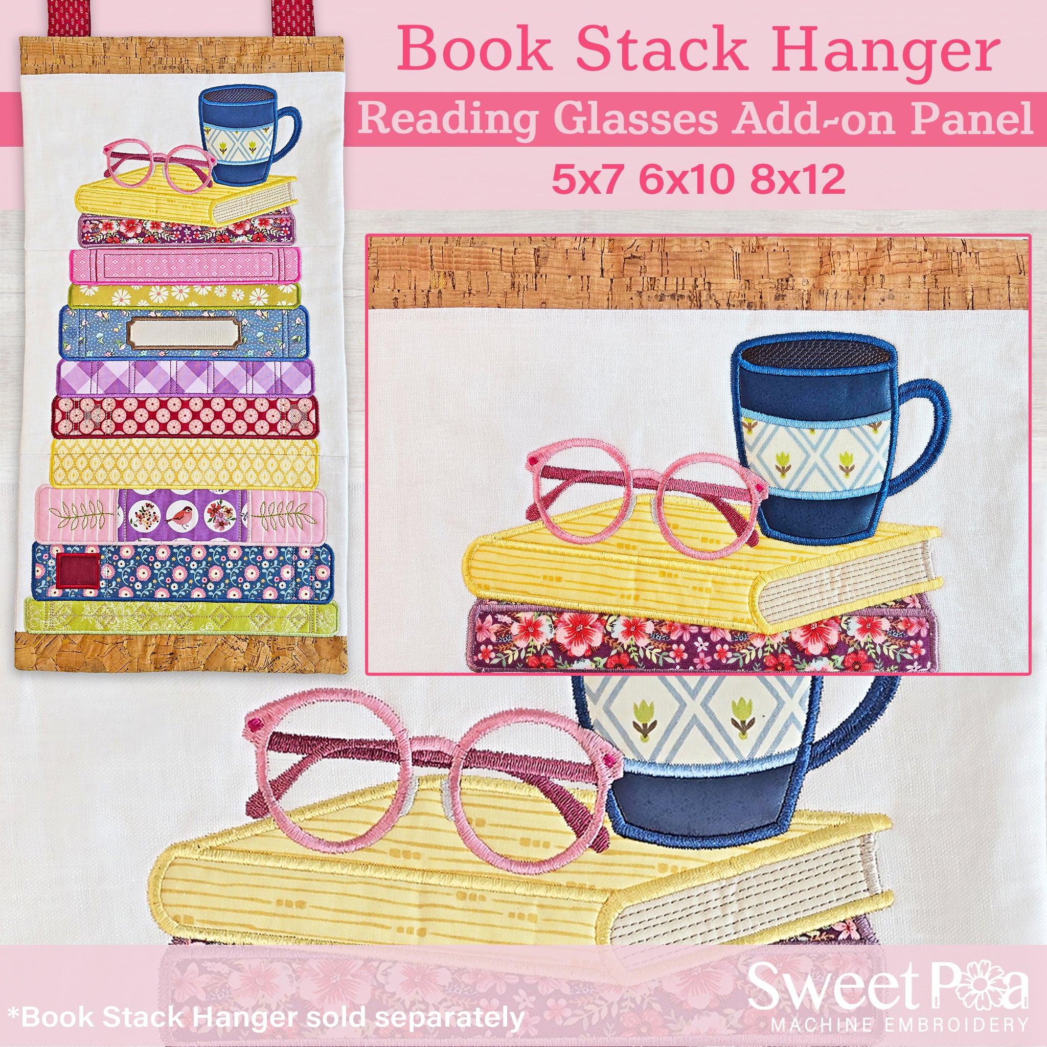 Book Stack Reading Glasses Add-on Block In the hoop machine embroidery designs