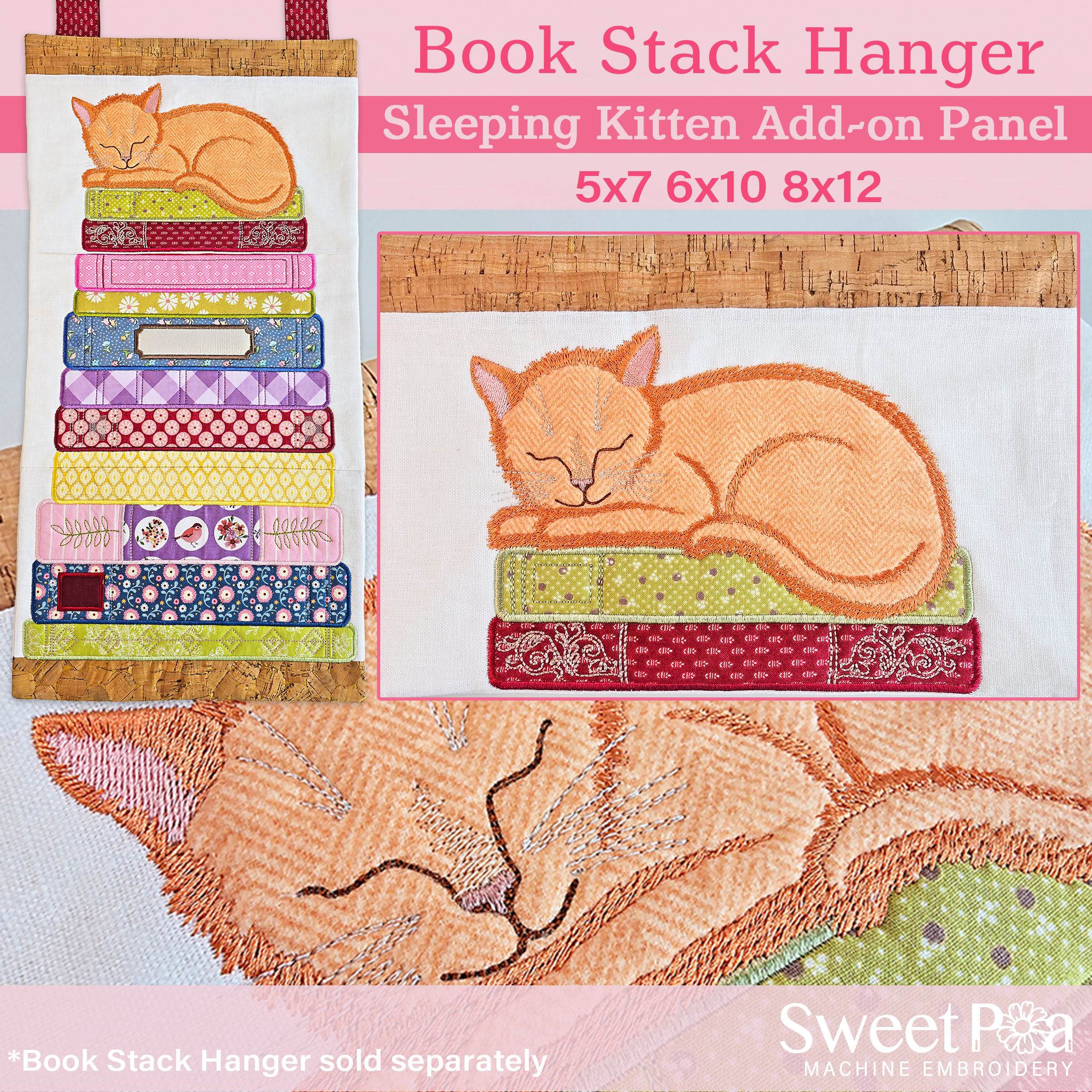 Book Stack Sleeping Kitten Add-on Block In the hoop machine embroidery designs