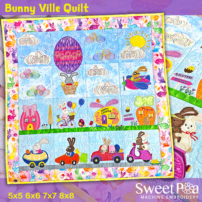 Bunny Ville Quilt, Machine Embroidery Design, Easter Design, Bunny, Eggs, Festive, Sweet Pea Machine Embroidery