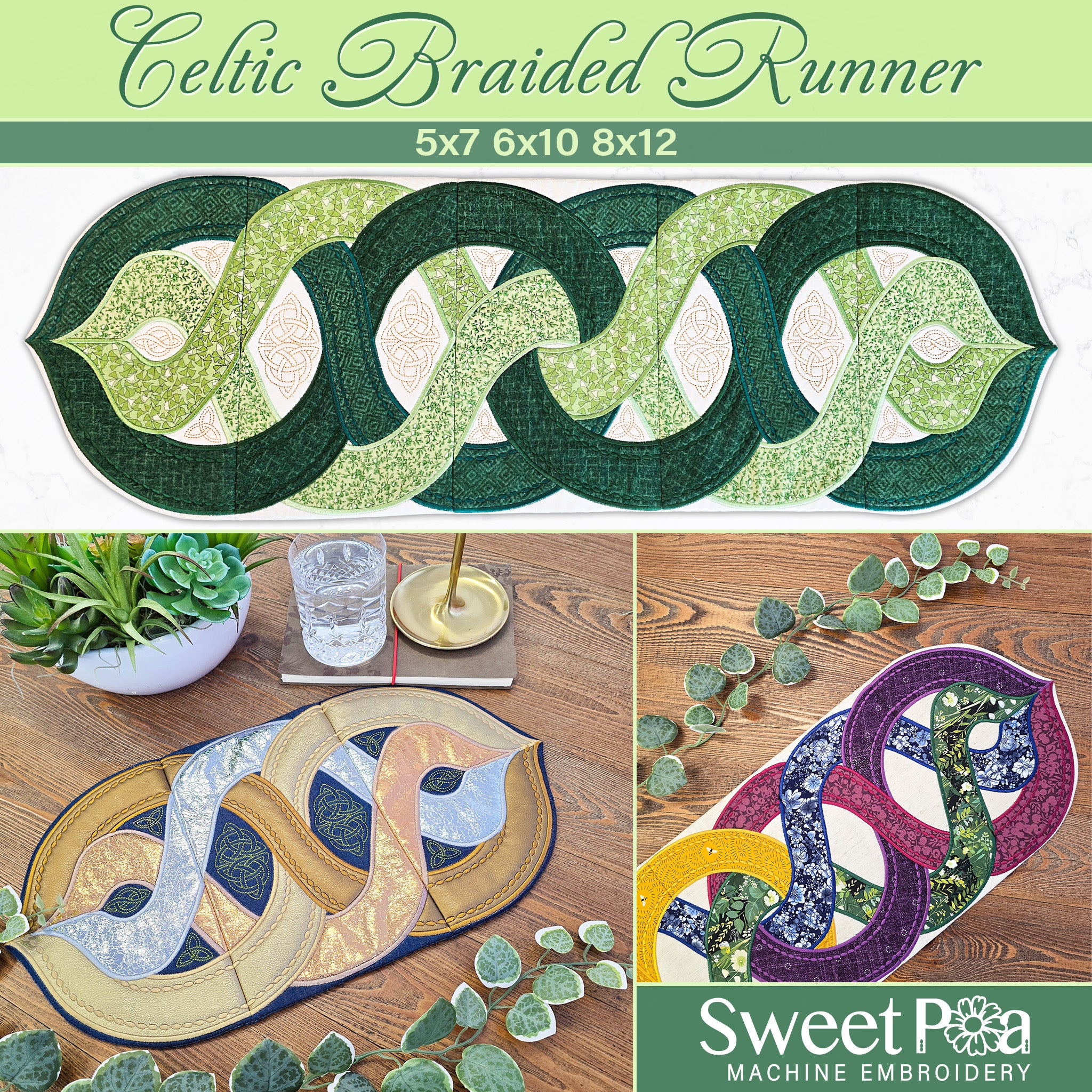 celtic braids runner with sweet pea branding and three samples