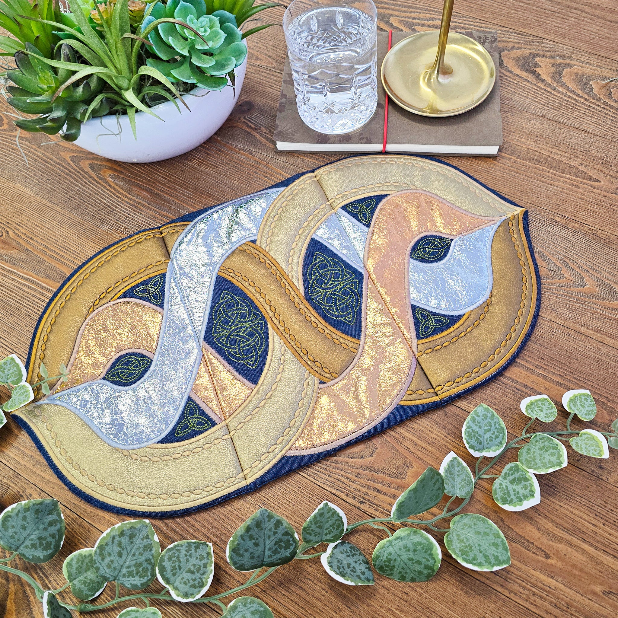 metallic celtic braids runner with redwork