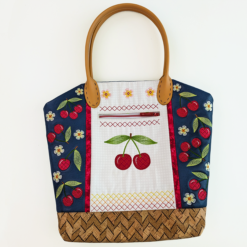 Cherry bag, embroidery, handbag, purse, tote, carry, fruit, cherry, in the hoop, sweet pea machine embroidery