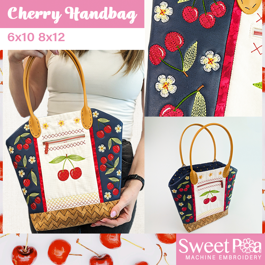 Cherry bag, embroidery, handbag, purse, tote, carry, fruit, cherry, in the hoop, sweet pea machine embroidery