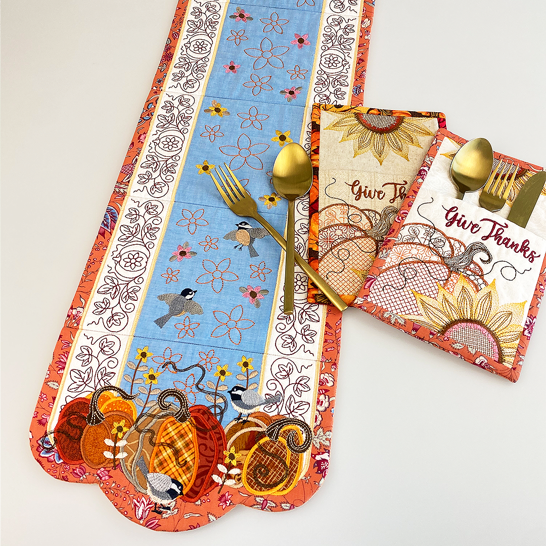 Chickadee Pumpkin Patch Runner + Cutlery Holder Set ith design