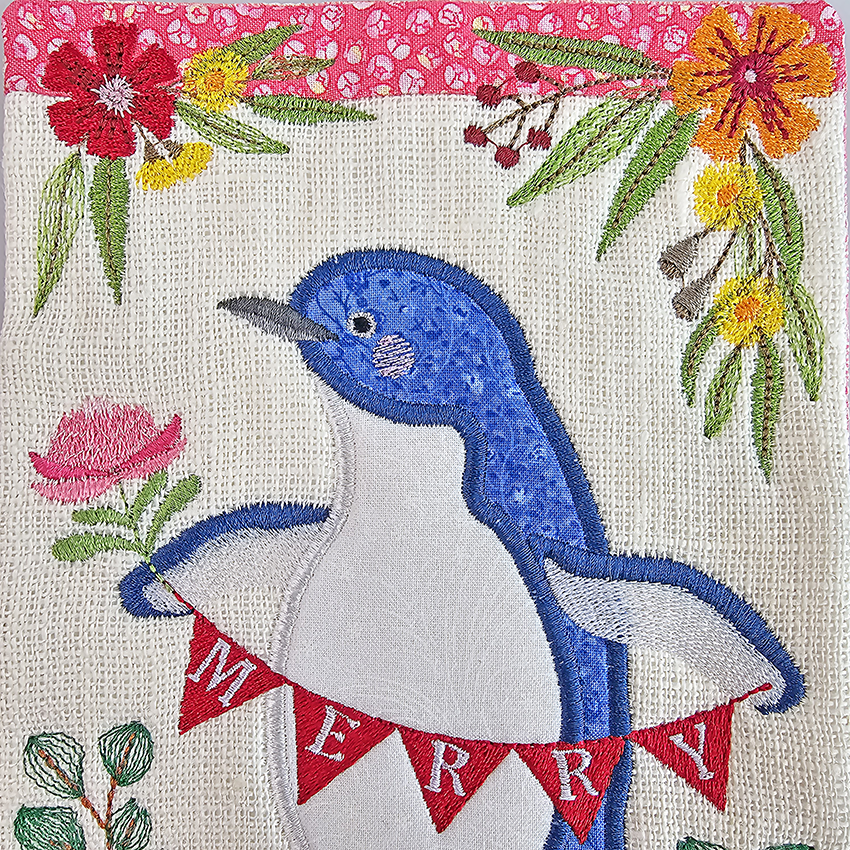 Christmas Little Penguin Mug Rug  design close up