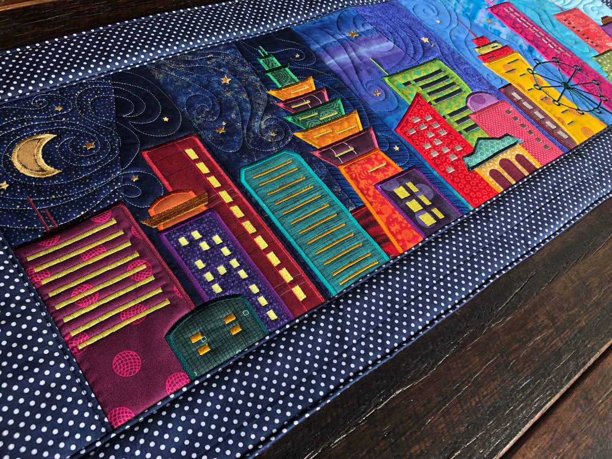 Cityscape Table Runner in the hoop machine embroidery design ITH