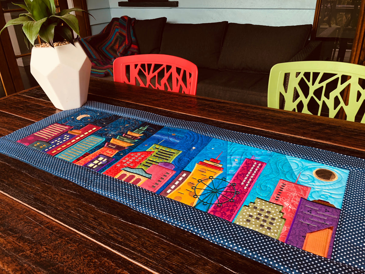 Cityscape Table Runner in the hoop machine embroidery design ITH