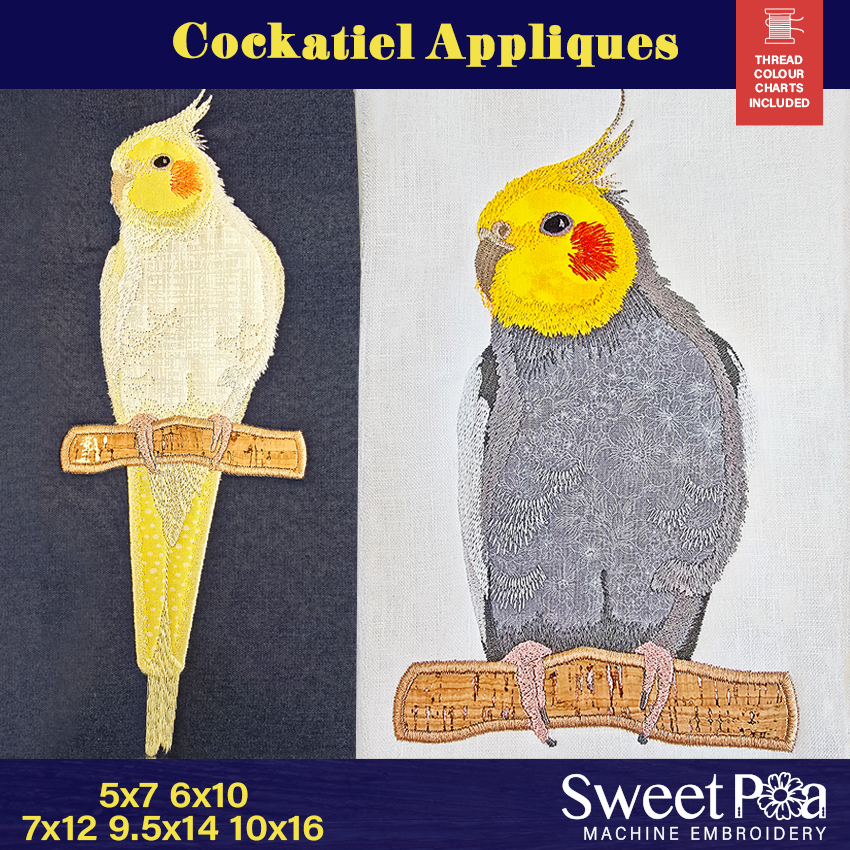 Australian Cockatiel Applique In the hoop machine embroidery designs