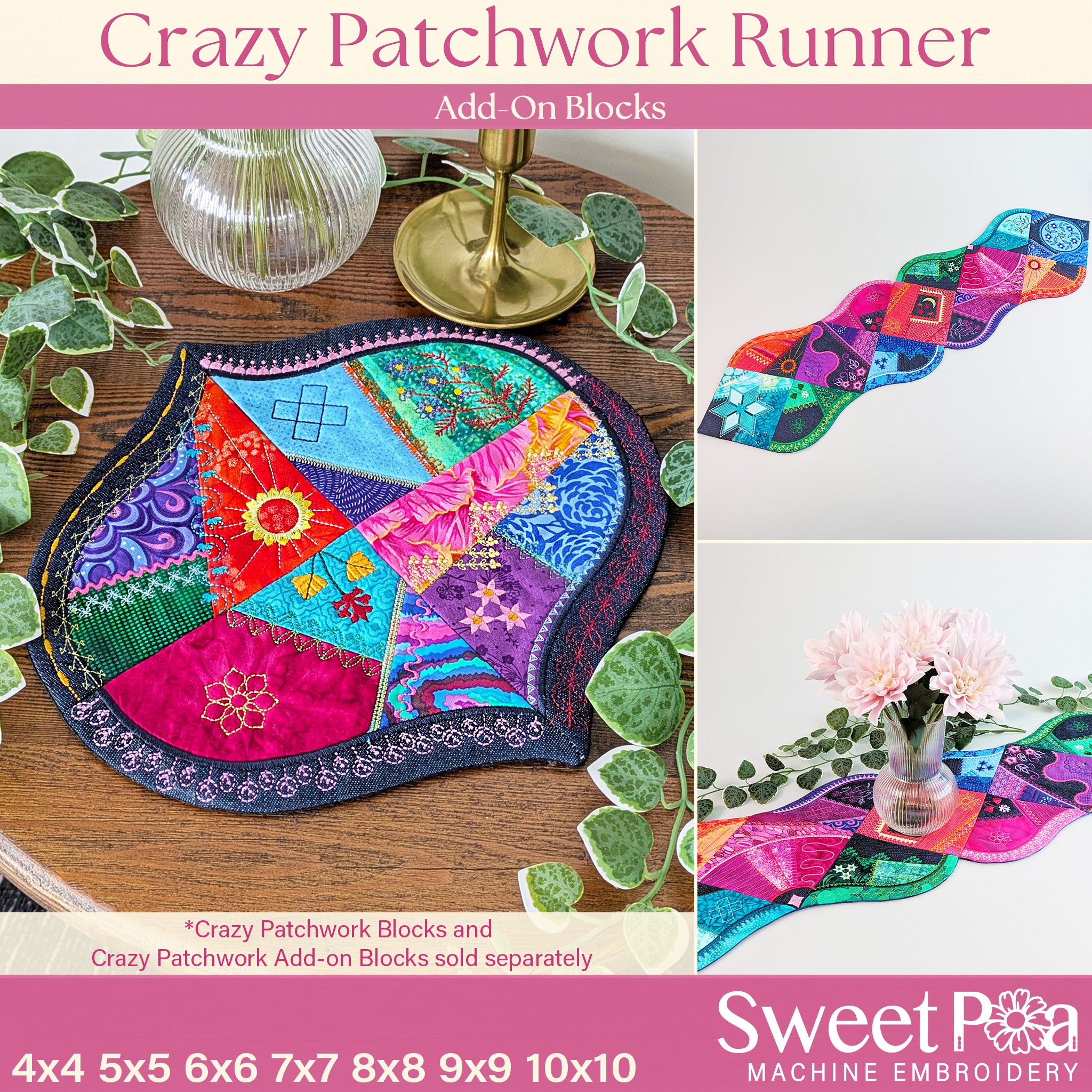Crazy Patchwork Scallop Edge Add-ons In the hoop machine embroidery designs